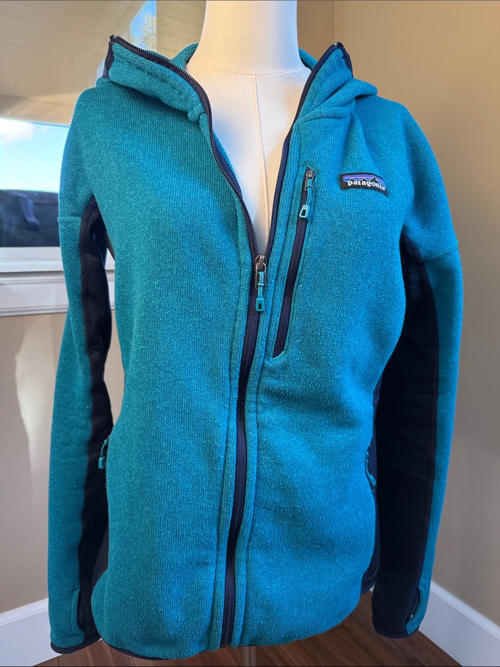 Patagonia Teal and Black Hooded Zip-Up Better Sweater Jacket